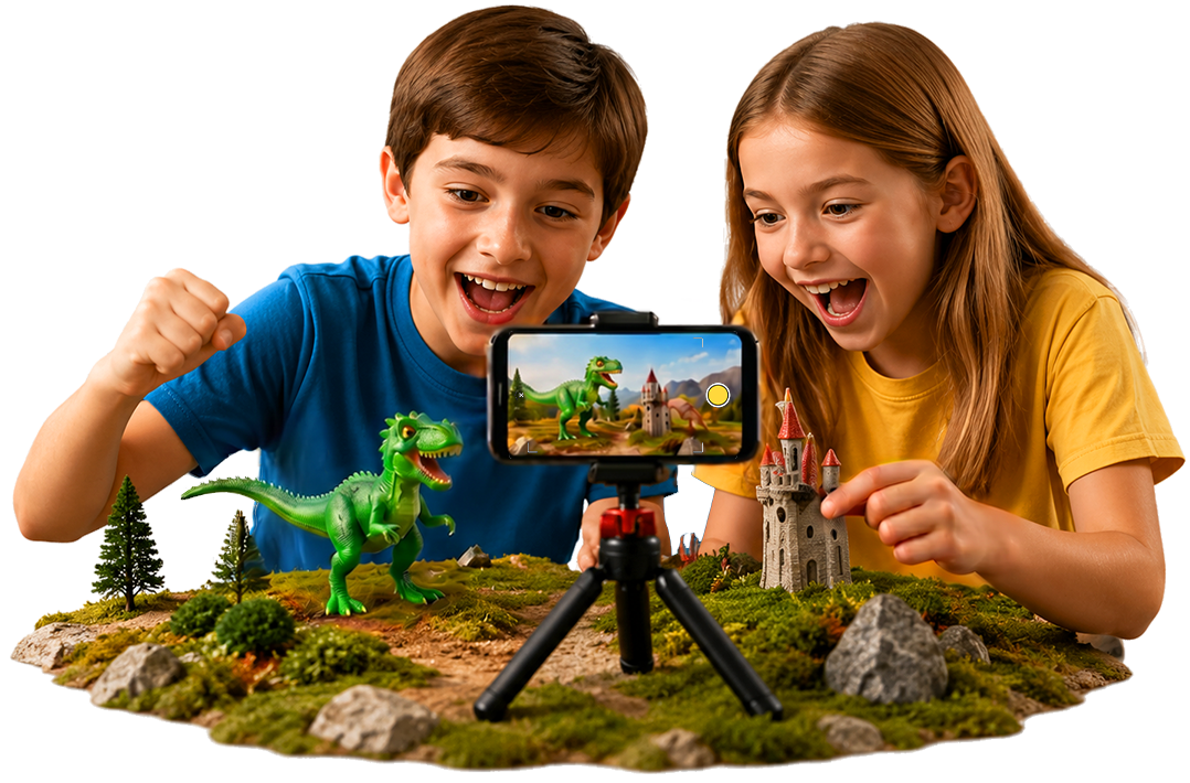 Two kids creating a stop motion movie with ToyMotion