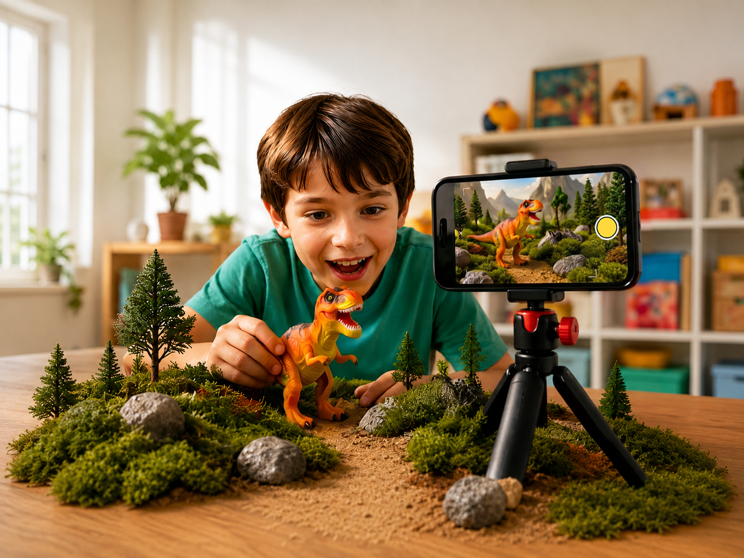 A child filming a dinosaur toy scene with the ToyMotion app